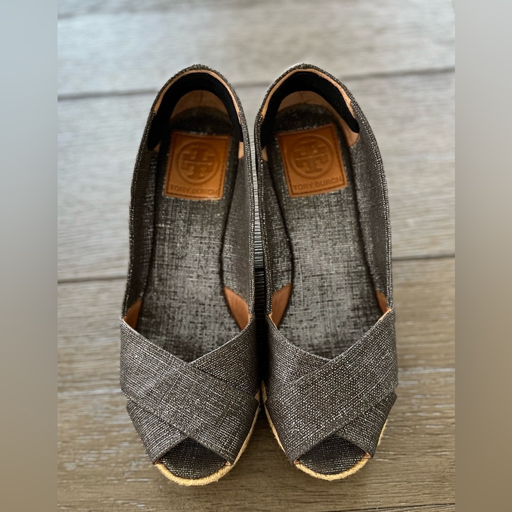 Tory Burch Metallic Black Espadrille Peep-Toe Flats